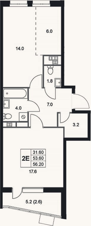 Планировка: 2-к, 53,6 м²