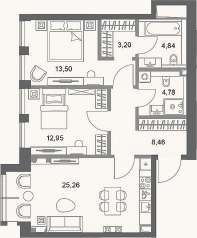 Планировка: 2-к, 73 м²