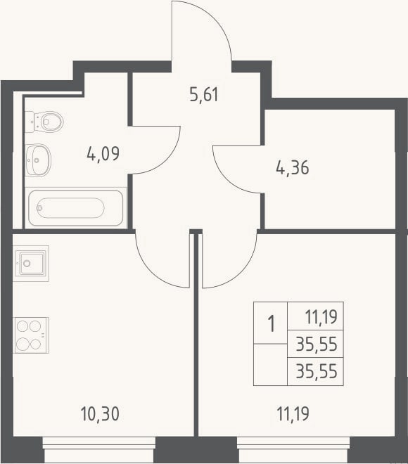 Планировка: 1-к, 35,6 м²