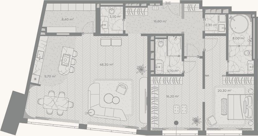 Планировка: 1-к, 139 м²