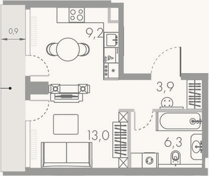 Планировка: Студия, 34,1 м²