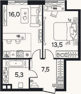 Планировка: 1-к, 42,2 м²