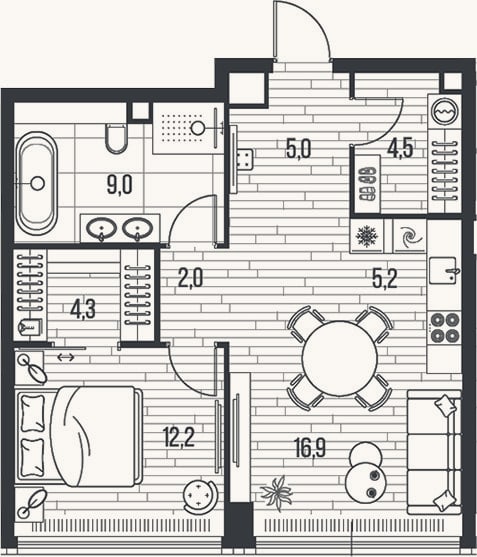 Планировка: 2-к, 59,1 м²