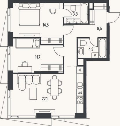 Планировка: 3-к, 65,9 м²