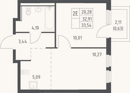 Планировка: 2-к, 32,9 м²