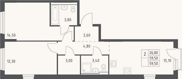 Планировка: 3-к, 59,5 м²
