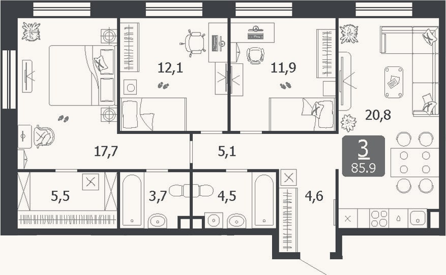 Планировка: 4+ к, 85,9 м²