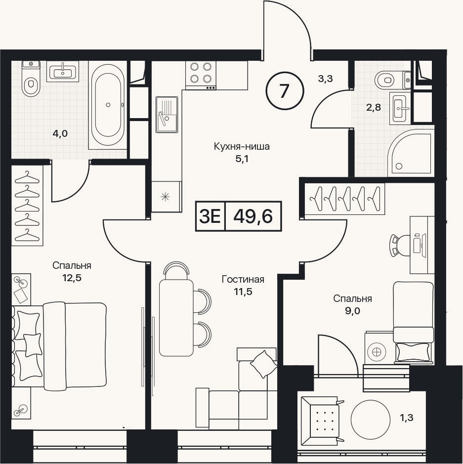 Планировка: 3-к, 48,3 м²