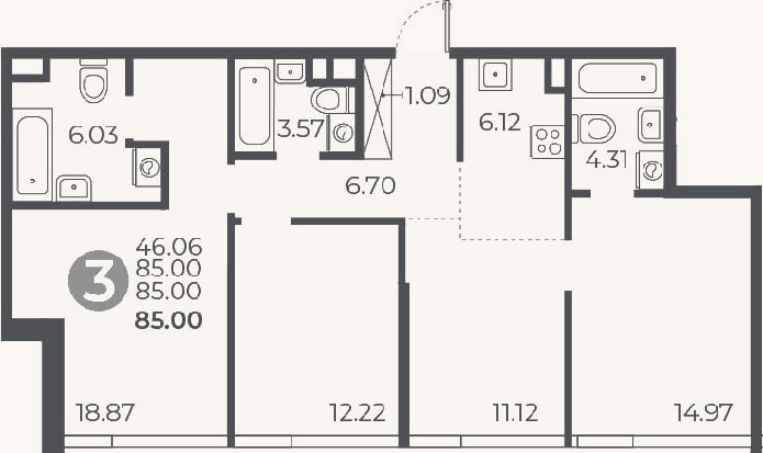 Планировка: 3-к, 85 м²