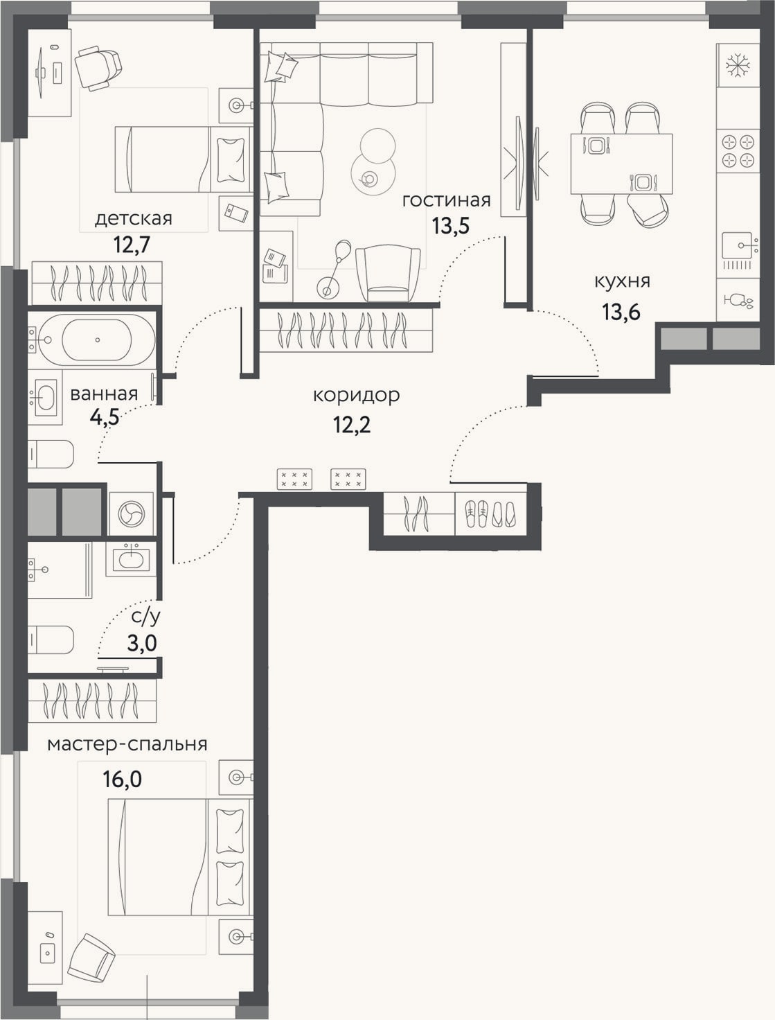 Планировка: 3-к, 75,5 м²
