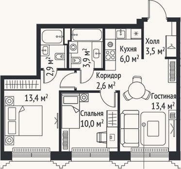 Планировка: 3-к, 55,7 м²