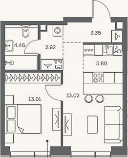 Планировка: 2-к, 42,6 м²