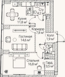 Планировка: 2-к, 61,8 м²