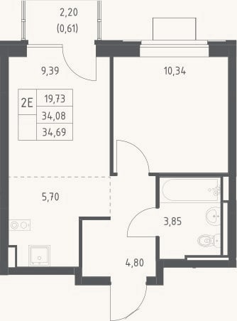 Планировка: 2-к, 34,1 м²