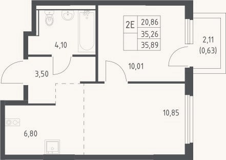 Планировка: 2-к, 35,3 м²