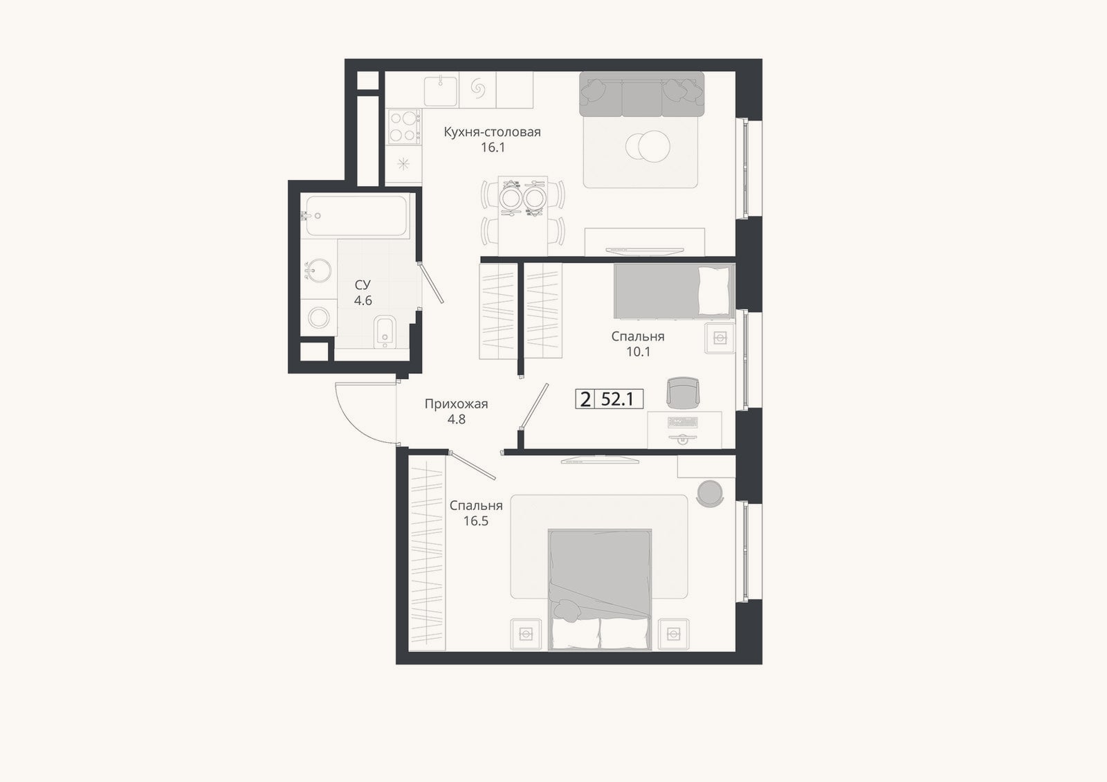 Планировка: 3-к, 52,1 м²