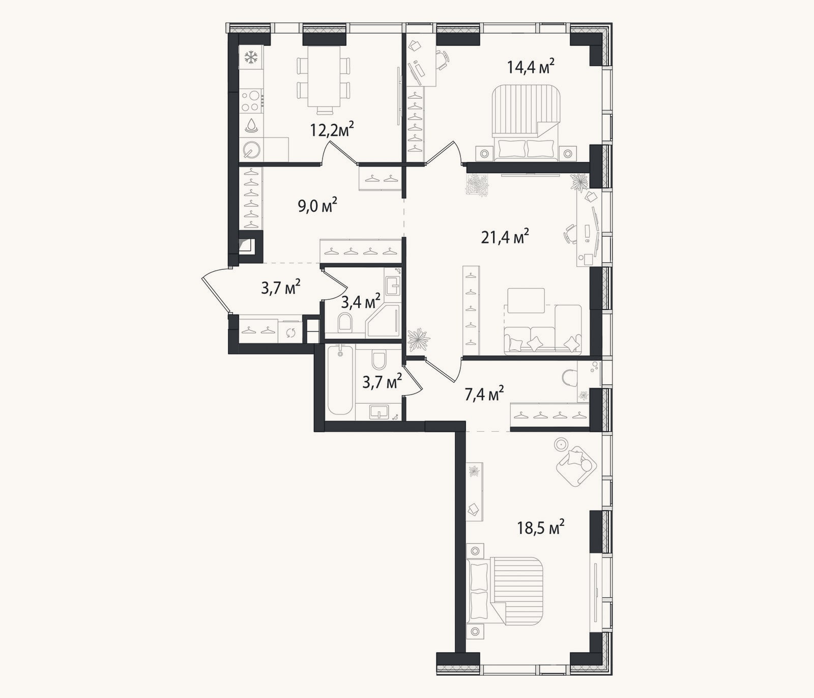 Планировка: 3-к, 94 м²