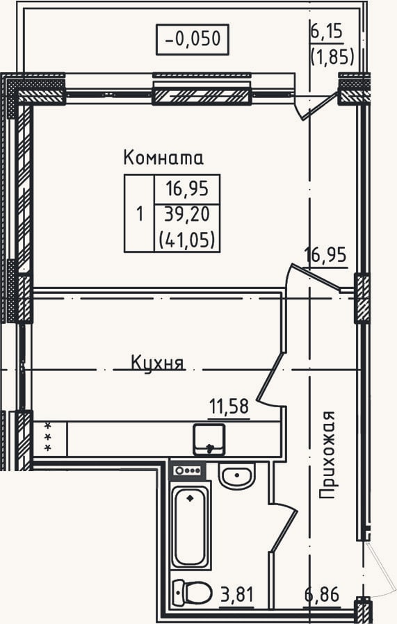 Планировка: 1-к, 39,2 м²