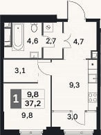 Планировка: 1-к, 34,2 м²