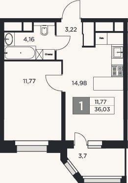 Планировка: 1-к, 34,2 м²