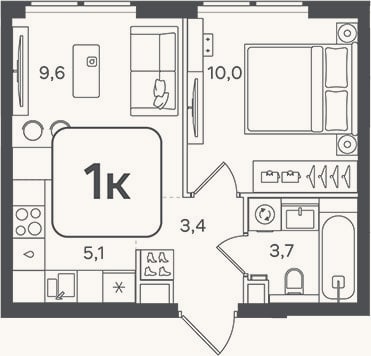Планировка: 2-к, 31,8 м²