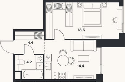 Планировка: 2-к, 41,5 м²