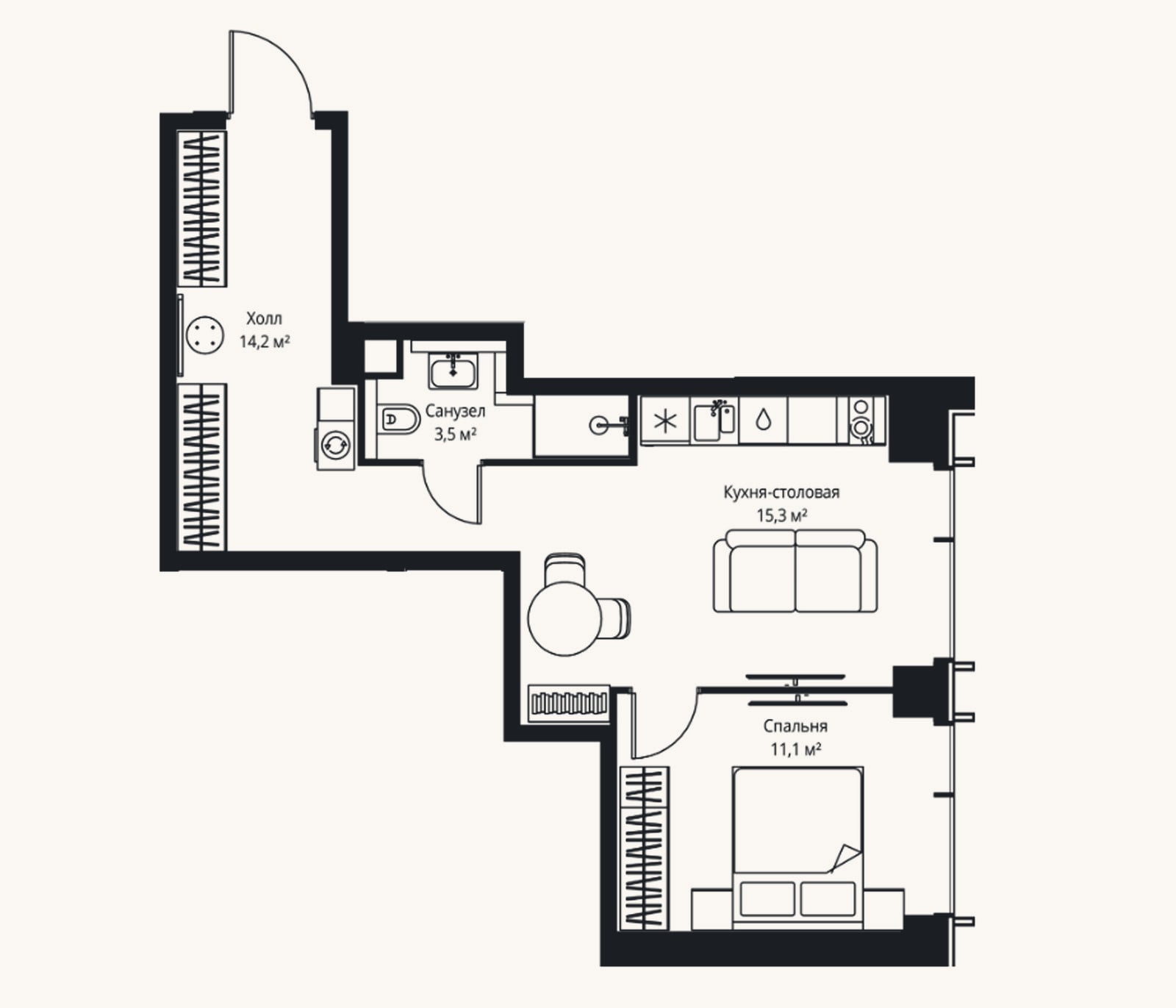 Планировка: 2-к, 44,1 м²