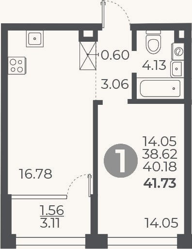 Планировка: 1-к, 38,6 м²