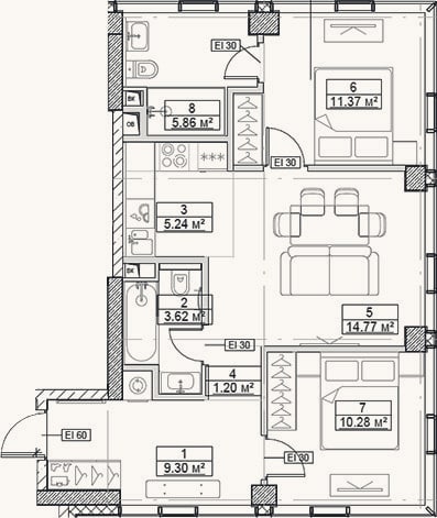Планировка: 3-к, 61,6 м²