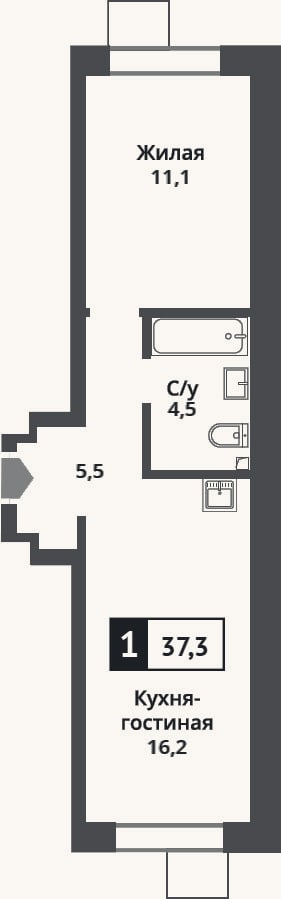 Планировка: 2-к, 37,3 м²