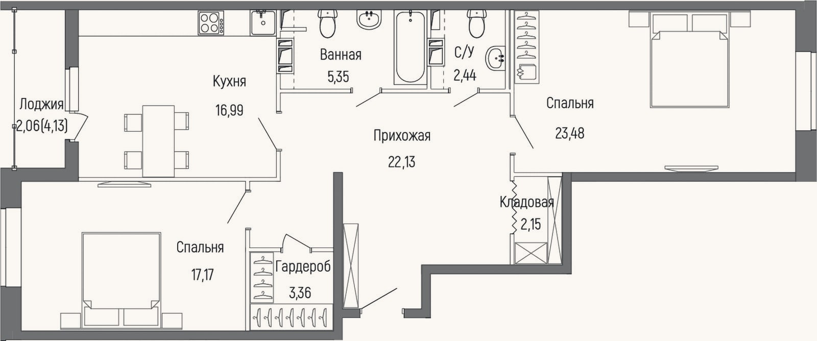 Планировка: 2-к, 93,1 м²