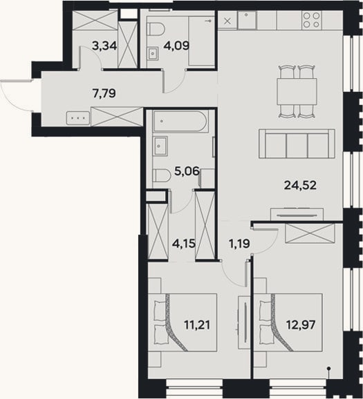 Планировка: 3-к, 74,3 м²