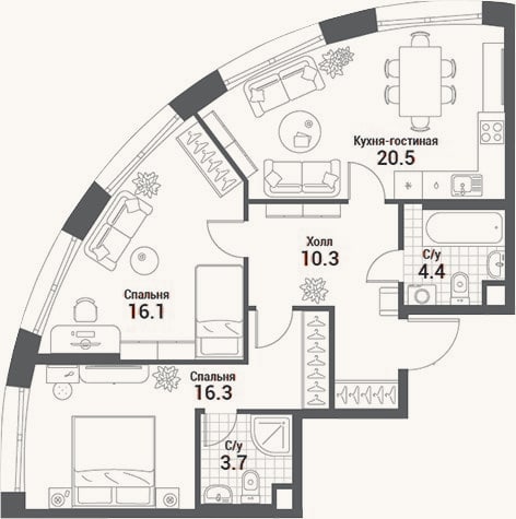 Планировка: 3-к, 71,3 м²