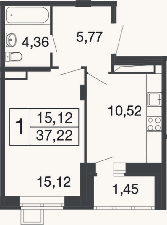 Планировка: 1-к, 35,8 м²
