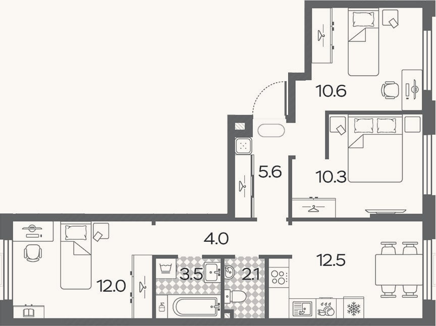 Планировка: 3-к, 60,6 м²