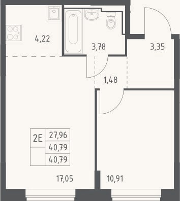 Планировка: 2-к, 40,8 м²