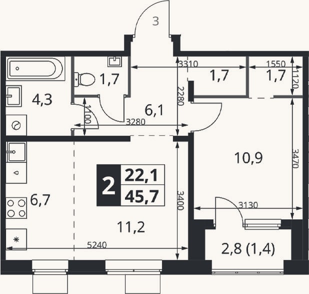 Планировка: 2-к, 44,3 м²