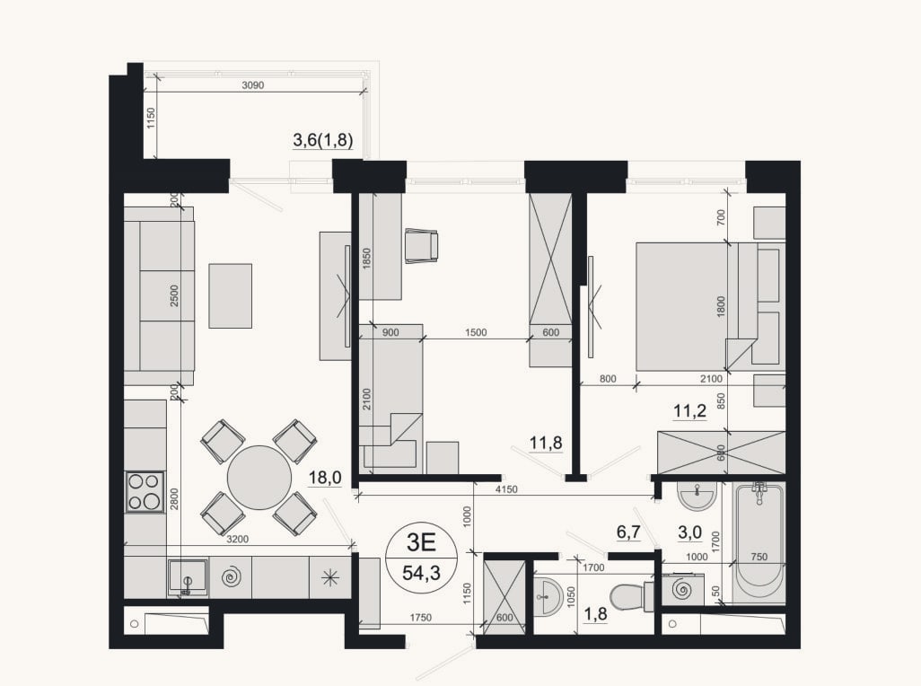Планировка: 3-к, 52,5 м²