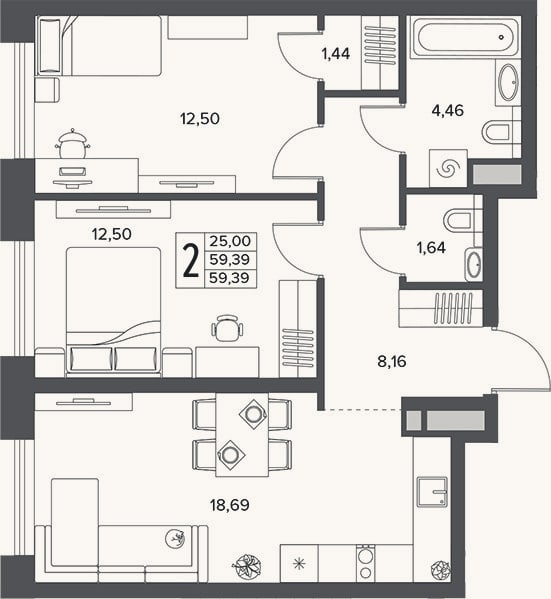 Планировка: 3-к, 59,4 м²