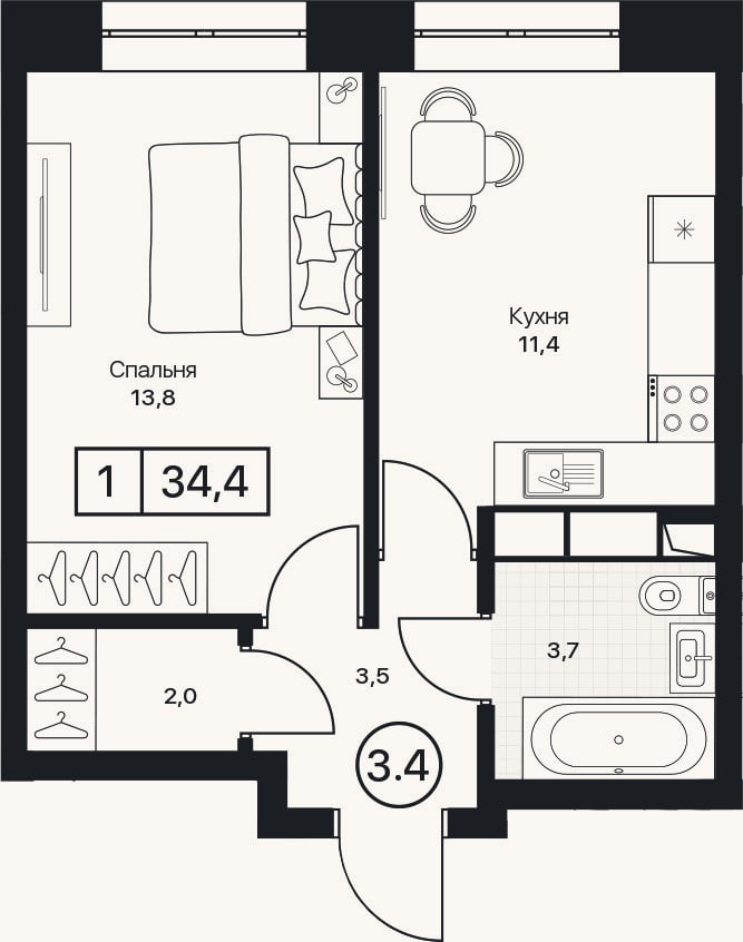 Планировка: 1-к, 34,4 м²