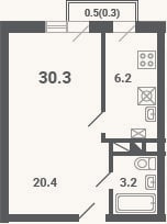 Планировка: 1-к, 29,8 м²