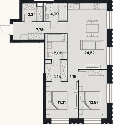 Планировка: 3-к, 74,3 м²