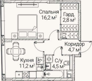 Планировка: 1-к, 39,4 м²