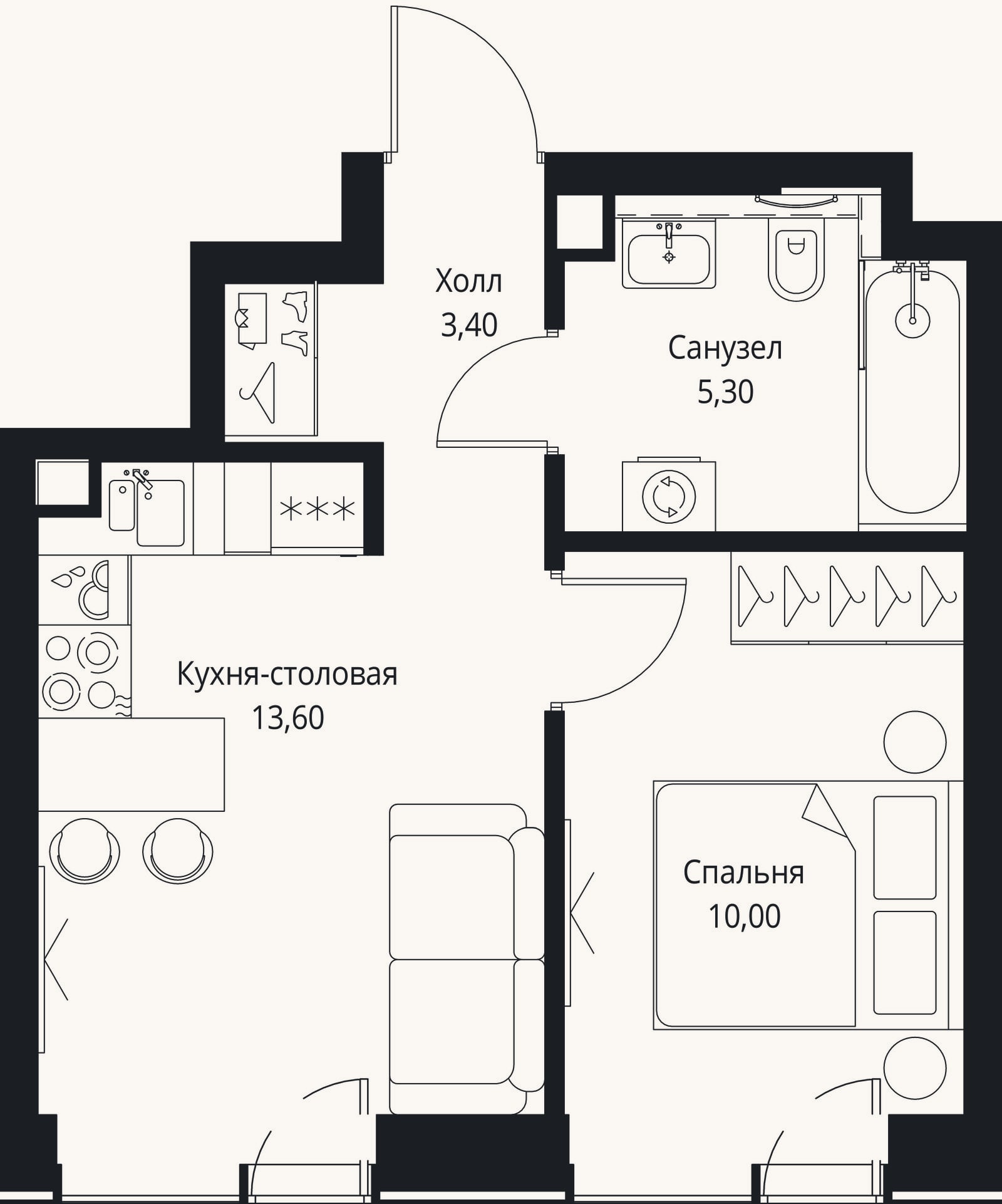 Планировка: 2-к, 32,3 м²