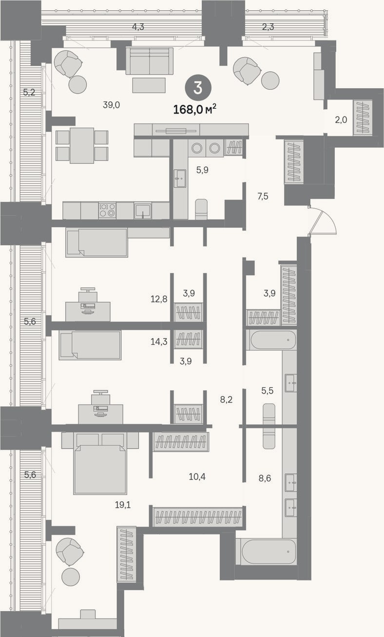 Планировка: 3-к, 145 м²