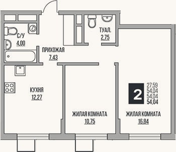 Планировка: 2-к, 54 м²