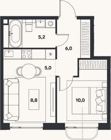 Планировка: 2-к, 35 м²