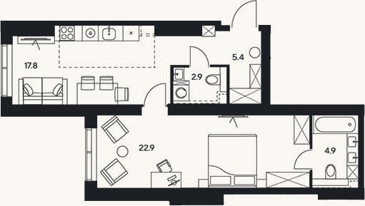 Планировка: 2-к, 53,9 м²