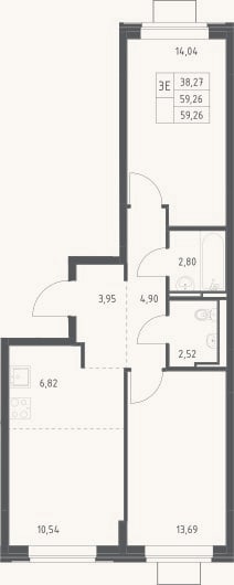 Планировка: 3-к, 59,3 м²