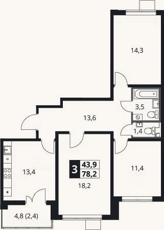 Планировка: 3-к, 75,8 м²